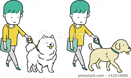 An illustration of a woman walking a large dog (Samoyed/Retriever). An illustration of a woman walking a large dog (Samoyed/Retriever). 142619900