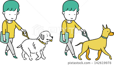 一位女士牽著一隻大型犬(老年犬/杜賓犬,大型犬種)的插圖 一位女士牽著一隻大型犬(老年犬/杜賓犬,大型犬種)的插圖 142619978