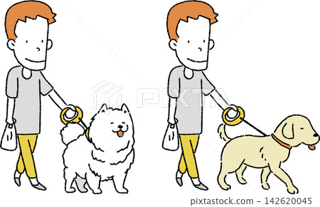 一幅描繪男子牽著一隻大狗(薩摩耶犬/尋回犬)的插圖。 一幅描繪男子牽著一隻大狗(薩摩耶犬/尋回犬)的插圖。 142620045