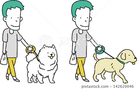 一幅描繪男子牽著一隻大狗(薩摩耶犬/尋回犬)的插圖。 一幅描繪男子牽著一隻大狗(薩摩耶犬/尋回犬)的插圖。 142620046