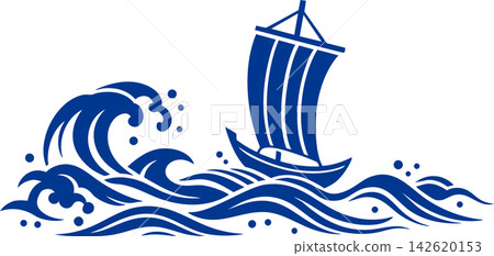 A blue, Japanese-style paper-cut illustration of a sailboat and large waves. A blue, Japanese-style paper-cut illustration of a sailboat and large waves. 142620153