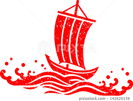 A red, Japanese-style stamp-like design featuring an illustration of a sailboat and waves. 142620156