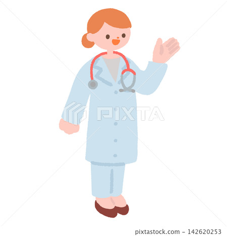 Illustration of a female doctor raising her hand to guide someone. Illustration of a female doctor raising her hand to guide someone. 142620253