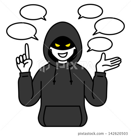 A suspicious person wearing a hood who talks incessantly. A suspicious person wearing a hood who talks incessantly. 142620503
