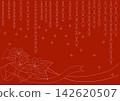 Red monochrome background material with line-drawn illustrations of Christmas ornaments, poinsettias, and ribbons. 142620507