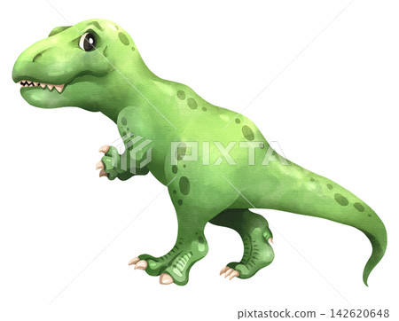 Watercolor Tyrannosaurus rex dinosaur isolated PNG illustration, featuring a cute hand-drawn green t-rex prehistoric predator character on a transparent background. 142620648