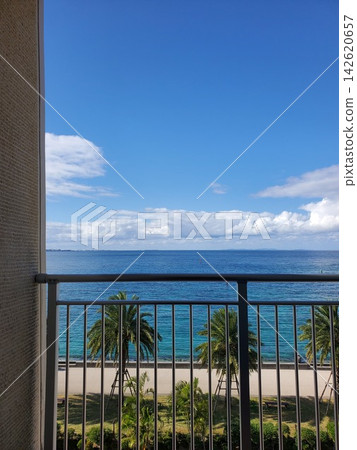 Blue skies, palm trees, and the sea as seen from a balcony in Okinawa. Blue skies, palm trees, and the sea as seen from a balcony in Okinawa. 142620657