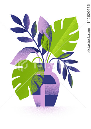 Botanical halftone plant in vase with tropical leaf illustration Botanical halftone plant in vase with tropical leaf illustration 142620686
