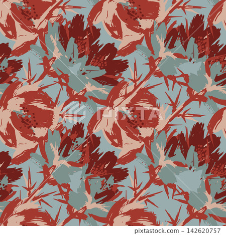 Artistic floral brush strokes seamless pattern with expressive painterly blooms and modern botanical texture for fabric, wallpaper, and textiles. Artistic floral brush strokes seamless pattern with expressive painterly blooms and modern botanical texture for fabric, wallpaper, and textiles. 142620757
