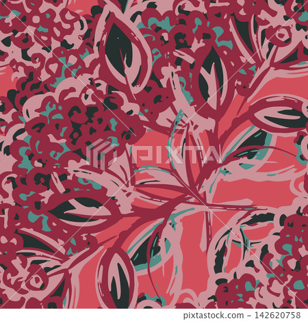 Artistic floral brush strokes seamless pattern with hand-drawn botanical blossoms, modern painterly leaves, and creative background texture for textiles. Artistic floral brush strokes seamless pattern with hand-drawn botanical blossoms, modern painterly leaves, and creative background texture for textiles. 142620758