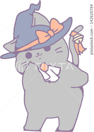 一張可愛的萬聖節插畫,畫的是一隻戴著女巫帽的黑貓在乞食。 一張可愛的萬聖節插畫,畫的是一隻戴著女巫帽的黑貓在乞食。 142620784