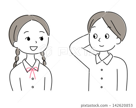 Illustration of a male and female student facing each other with smiles. Illustration of a male and female student facing each other with smiles. 142620853
