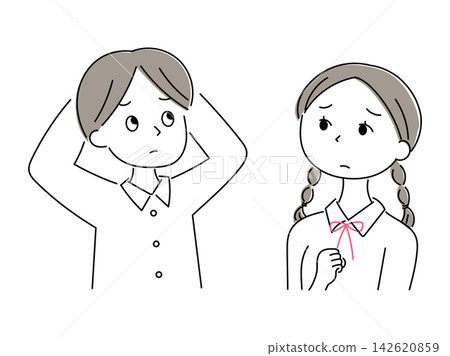 一幅描繪一名男學生和一名女學生焦慮地抬頭看的插圖。 一幅描繪一名男學生和一名女學生焦慮地抬頭看的插圖。 142620859