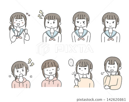 一組描繪女學生各種表情和情緒的插圖。 一組描繪女學生各種表情和情緒的插圖。 142620861