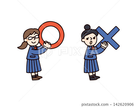 A set of illustrations of female students holding circles and female students holding crosses. A set of illustrations of female students holding circles and female students holding crosses. 142620906