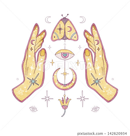 Watercolor esoteric mystical hands, pastel moth, magic eye, crescent moon, sacred lotus isolated on white. Hand drawn graphic elements. Aesthetic mystical symbols for stationery, textile, cards Watercolor esoteric mystical hands, pastel moth, magic eye, crescent moon, sacred lotus isolated on white. Hand drawn graphic elements. Aesthetic mystical symbols for stationery, textile, cards 142620934