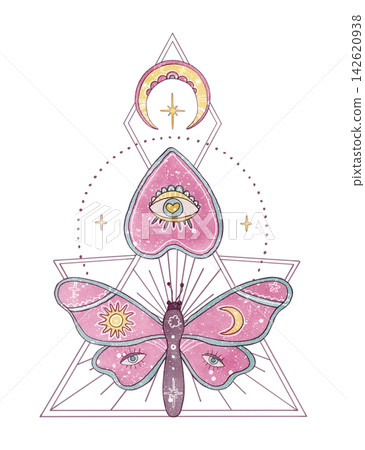 Watercolor pastel esoteric illustration with pink sacred heart planchette, magic butterfly, sacred geometry. Isolated hand drawn celestial vertical composition for alternative valentines, tarot cards Watercolor pastel esoteric illustration with pink sacred heart planchette, magic butterfly, sacred geometry. Isolated hand drawn celestial vertical composition for alternative valentines, tarot cards 142620938