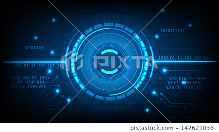Futuristic digital HUD interface with binary code and HUD elements on a technology background Futuristic digital HUD interface with binary code and HUD elements on a technology background 142621036