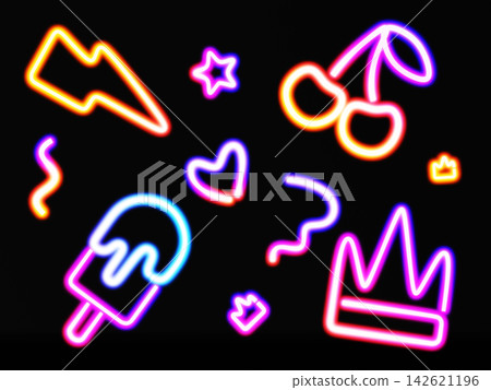LED neon signs 3d set, colorful light signage on black background. Glowing ice cream, cherry, lightning, heart and crown symbols in retro 80s synthwave style for trendy night design. 3D illustration LED neon signs 3d set, colorful light signage on black background. Glowing ice cream, cherry, lightning, heart and crown symbols in retro 80s synthwave style for trendy night design. 3D illustration 142621196