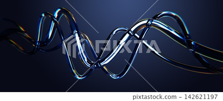 Spiral glass wave lines, glitter crystal 3d tubes with neon blue gold gradient glow on dark render background. Dynamic vortex flow, abstract water splashes, flowing curved ribbons. 3D illustration Spiral glass wave lines, glitter crystal 3d tubes with neon blue gold gradient glow on dark render background. Dynamic vortex flow, abstract water splashes, flowing curved ribbons. 3D illustration 142621197