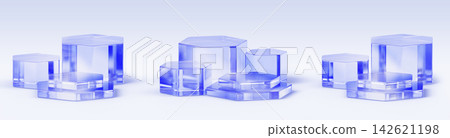 3D set of clear blue glass podiums, hexagon pedestals. Minimalist product display platforms, transparent acrylic stands for cosmetic presentation, stage mockup on light background. 3D illustration 3D set of clear blue glass podiums, hexagon pedestals. Minimalist product display platforms, transparent acrylic stands for cosmetic presentation, stage mockup on light background. 3D illustration 142621198