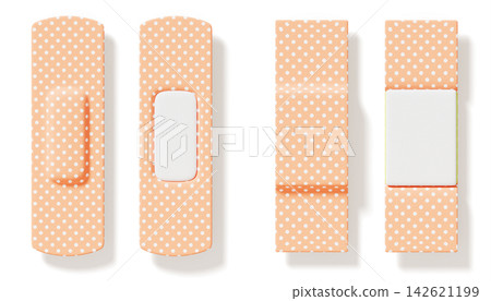 3D medical adhesive bandages set. Beige band aid with white polka dot pattern, elastic breathable tape. First aid, sterile wound plaster strip, rectangular patch front and back view. 3D illustration 3D medical adhesive bandages set. Beige band aid with white polka dot pattern, elastic breathable tape. First aid, sterile wound plaster strip, rectangular patch front and back view. 3D illustration 142621199