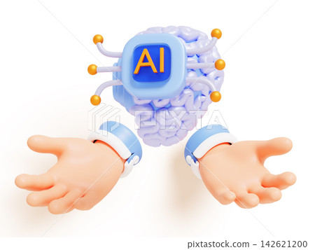 3D open hands offering digital human brain with AI chip board and blue circuit pattern isolated. Artificial mind, smart technology, futuristic neural networks, abstract semiconductor. 3D illustration 3D open hands offering digital human brain with AI chip board and blue circuit pattern isolated. Artificial mind, smart technology, futuristic neural networks, abstract semiconductor. 3D illustration 142621200