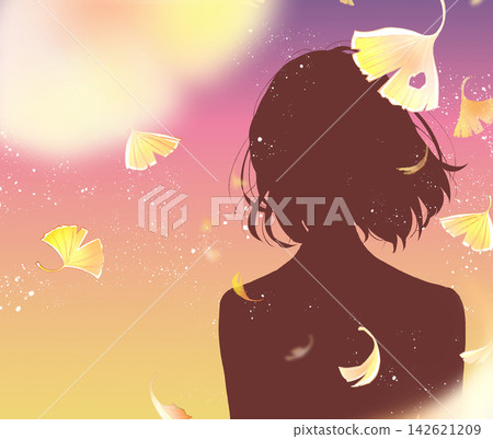 女學生,半身照,銀杏樹剪影,黃昏。 女學生,半身照,銀杏樹剪影,黃昏。 142621209