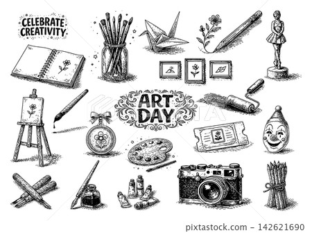 A set of line drawings and illustrations for art supplies, featuring paintings, photographs, and stage art. A set of line drawings and illustrations for art supplies, featuring paintings, photographs, and stage art. 142621690