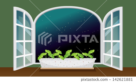 Open Arched Window Looking Out to a Starry Night Sky Open Arched Window Looking Out to a Starry Night Sky 142621881