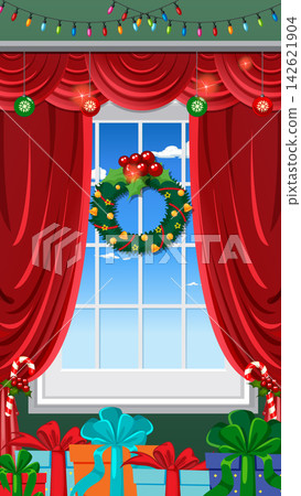 Christmas Window with Red Curtains Wreath and Stacked Gift Boxes Christmas Window with Red Curtains Wreath and Stacked Gift Boxes 142621904