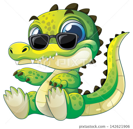 Adorable Green Baby Alligator Sitting and Wearing Cool Black Sunglasses Adorable Green Baby Alligator Sitting and Wearing Cool Black Sunglasses 142621906