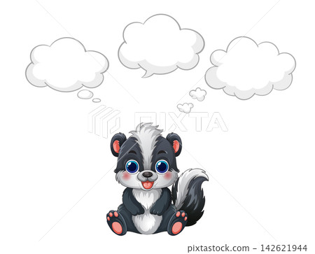 Cute Cartoon Skunk Sitting with Three Empty Thought Bubbles Cute Cartoon Skunk Sitting with Three Empty Thought Bubbles 142621944