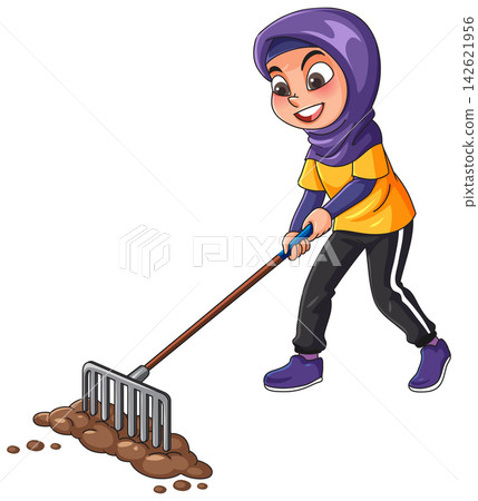 Young Muslim Girl Wearing Hijab Raking Soil in Garden Illustration 142621956