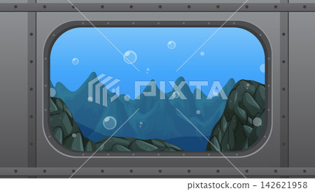 Submarine Porthole View of Underwater Mountain Range with Bubbles Submarine Porthole View of Underwater Mountain Range with Bubbles 142621958