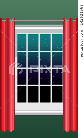 Vector Illustration of a Window with Red Curtains and Starry Night Sky Vector Illustration of a Window with Red Curtains and Starry Night Sky 142621963