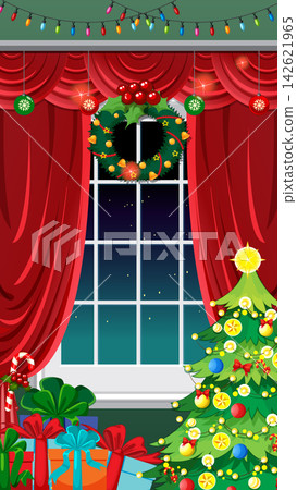 Festive Christmas Window Scene with Tree and Wrapped Gifts Festive Christmas Window Scene with Tree and Wrapped Gifts 142621965