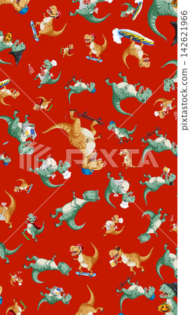 Seamless Cartoon Tyrannosaurus Rex Pattern with Skateboard and Surfboard Activities Seamless Cartoon Tyrannosaurus Rex Pattern with Skateboard and Surfboard Activities 142621966