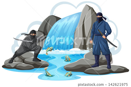 Two Japanese Ninjas Standing Near a Waterfall with Jumping Fish Two Japanese Ninjas Standing Near a Waterfall with Jumping Fish 142621975