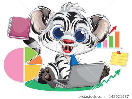 Cartoon White Tiger Cub Character Working on Laptop with Business Charts Cartoon White Tiger Cub Character Working on Laptop with Business Charts 142621987