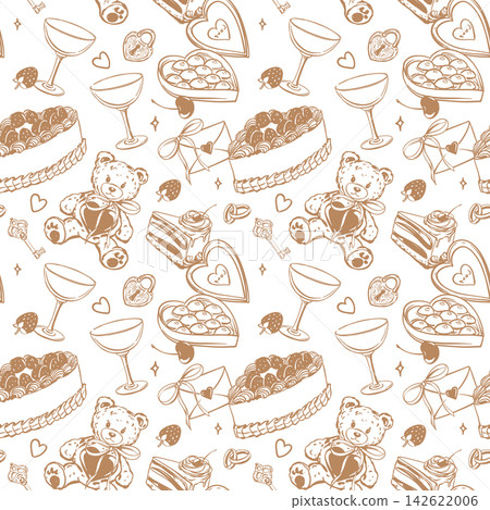 A seamless pattern with Valentine's Day gifts for your loved one. Vector background featuring a teddy bear, chocolate, roses, and cake in Coquette style. Clip art for wrapping paper. Ink sketch style A seamless pattern with Valentine's Day gifts for your loved one. Vector background featuring a teddy bear, chocolate, roses, and cake in Coquette style. Clip art for wrapping paper. Ink sketch style 142622006