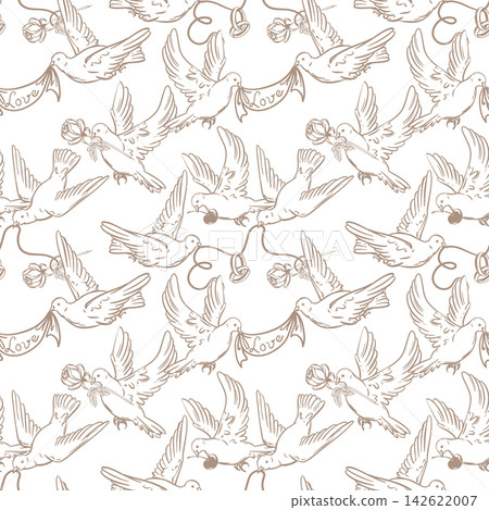 Seamless wedding pattern. Vector image of flying doves. White doves hold betrothal rings. Symbol of love and fidelity. Valentine's Day clipart. Outline drawing. Coquette style background. Seamless wedding pattern. Vector image of flying doves. White doves hold betrothal rings. Symbol of love and fidelity. Valentine's Day clipart. Outline drawing. Coquette style background. 142622007