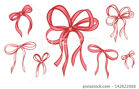 Vector set of stylish pink bows. The minimalist design for Valentines Day, gift wrapping, greeting cards, invitations. Illustration delicate decorative. Coquette style. Hand drawn Line ink sketch. Vector set of stylish pink bows. The minimalist design for Valentines Day, gift wrapping, greeting cards, invitations. Illustration delicate decorative. Coquette style. Hand drawn Line ink sketch. 142622008