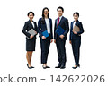 Full-body photo of a smiling business group, precisely cut out using a clipping path, in PNG format with a transparent background. 142622026