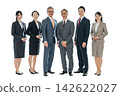 Full-body photo of a smiling business group, precisely cut out using a clipping path, in PNG format with a transparent background. 142622027