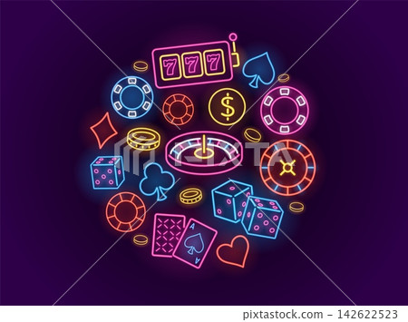 Casino neon glowing linear vector round design, Casino wheel roulette, poker chip, money, dice, cards, gambling games Casino neon glowing linear vector round design, Casino wheel roulette, poker chip, money, dice, cards, gambling games 142622523