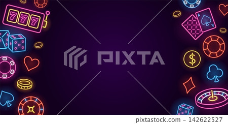 Casino neon glowing linear vector frame design, Casino wheel roulette, poker chip, money, dice, cards, gambling games 142622527