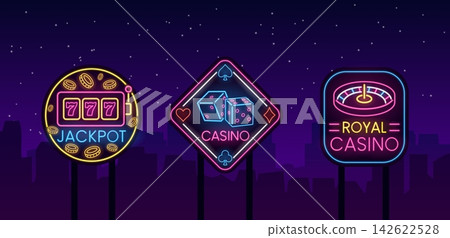 Casino games neon glowing billboards on cityscape, royal casino wheel roulette, dices and jackpot win on slot machine Casino games neon glowing billboards on cityscape, royal casino wheel roulette, dices and jackpot win on slot machine 142622528