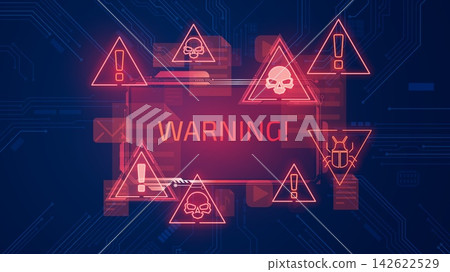 Warning alert banner vector design, cybersecurity threat message, digital security protection, red triangle danger signs 142622529