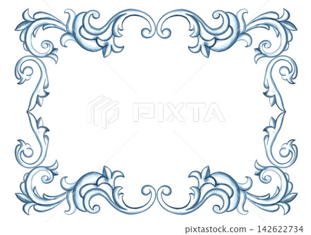 A frame with a decorative ornament in the Baroque style. A hand drawn watercolor illustration. A versatile element for designing covers, invitations, postcards and certificates, web pages, and more. 142622734